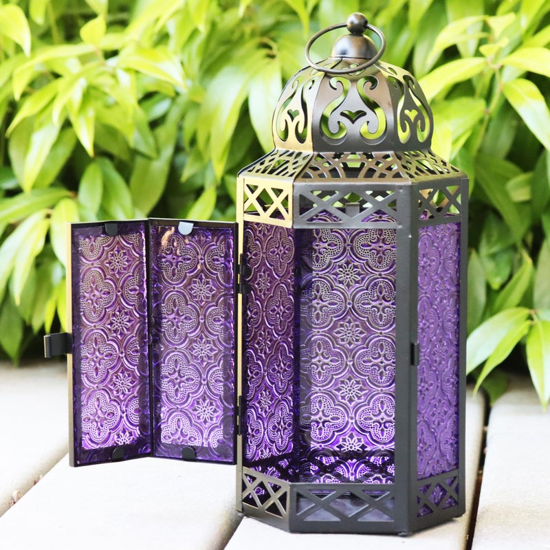 VELA LANTERNS Moroccan Candle Lanterns Decorative Set of 3 for Floor, Ramadan Decorations, Indoor Home Decor, Outdoor Patio or Porch, Halloween, Weddings, Purple - Image 5